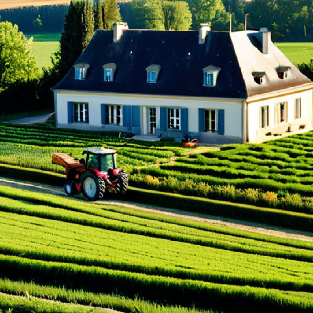 **

"A well-organized French farm, depicting efficient resource management. Fields are lush, equipment is modern and well-maintained, fully clothed farmers are working diligently. The scene is bathed in warm sunlight, suggesting prosperity and productivity. In the background, a chateau adds a touch of French heritage. Safe for work, appropriate content, fully clothed, professional, family-friendly, perfect anatomy, natural proportions, high quality, professional photography."

**