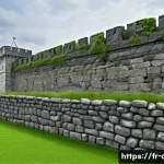 Home 20 에이지오브제트 방어 건물 강화 - A fortified medieval-style stone wall surrounding a strategic base, showing detailed textures of wea...