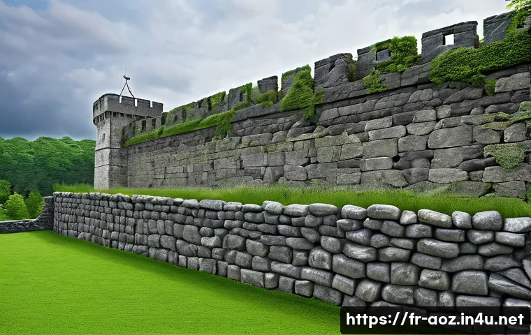 에이지오브제트 방어 건물 강화 - A fortified medieval-style stone wall surrounding a strategic base, showing detailed textures of wea...