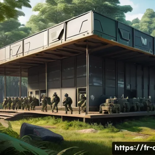 Home 31 에이지오브제트 훈련소 업그레이드 팁 - A detailed digital illustration of a futuristic military training camp at level 10, set in a lush fo...