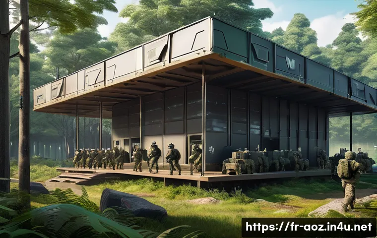 에이지오브제트 훈련소 업그레이드 팁 - A detailed digital illustration of a futuristic military training camp at level 10, set in a lush fo...